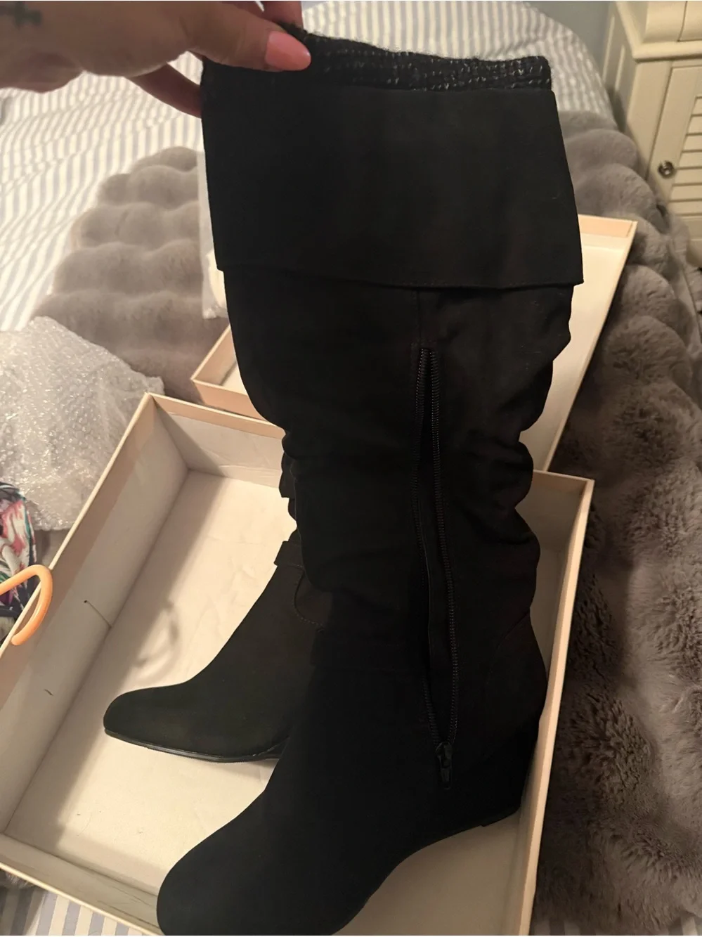 Women's Black Wide Calf Knee-High Suede Wedge Boots